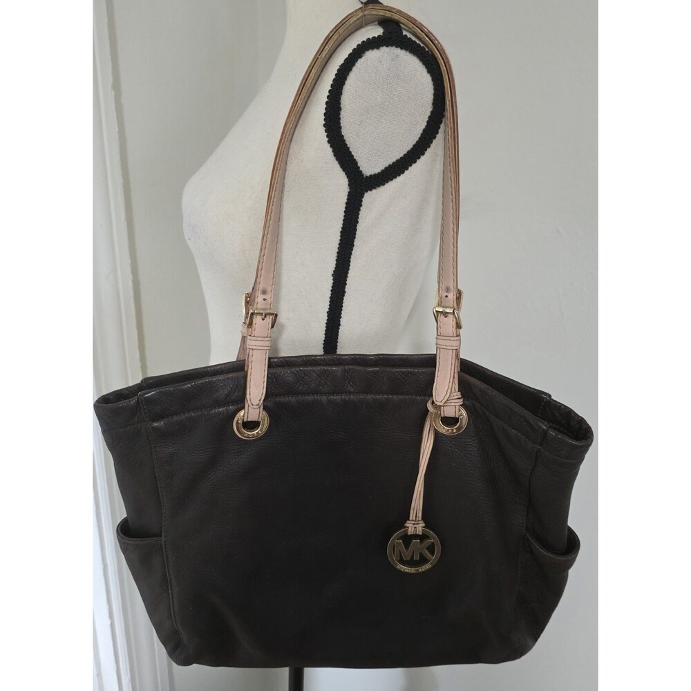 MICHAEL KORS Jet Set BROWN Taupe Pebble LEATHER Shoulder Handbag Purse Tote GUC